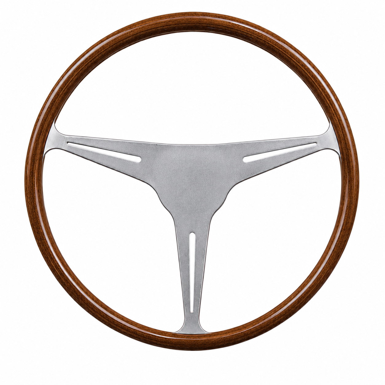 Front view of Les Leston Europa 15 inch mahogany wooden steering wheel with polished alloy spokes for classic sports cars, GT cars and historic racing vehicles