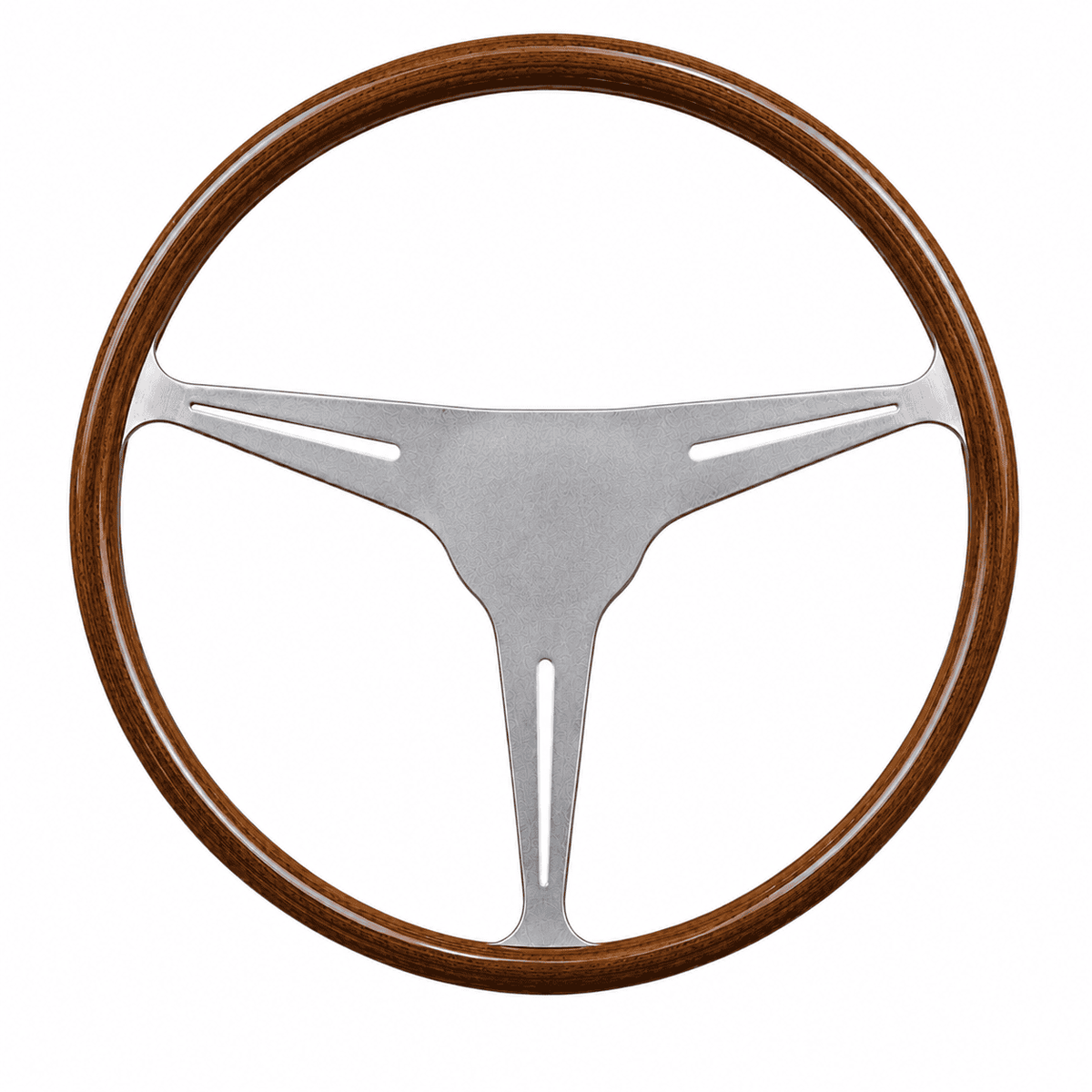 Front view of Les Leston Europa 15 inch mahogany wooden steering wheel with polished alloy spokes for classic sports cars, GT cars and historic racing vehicles