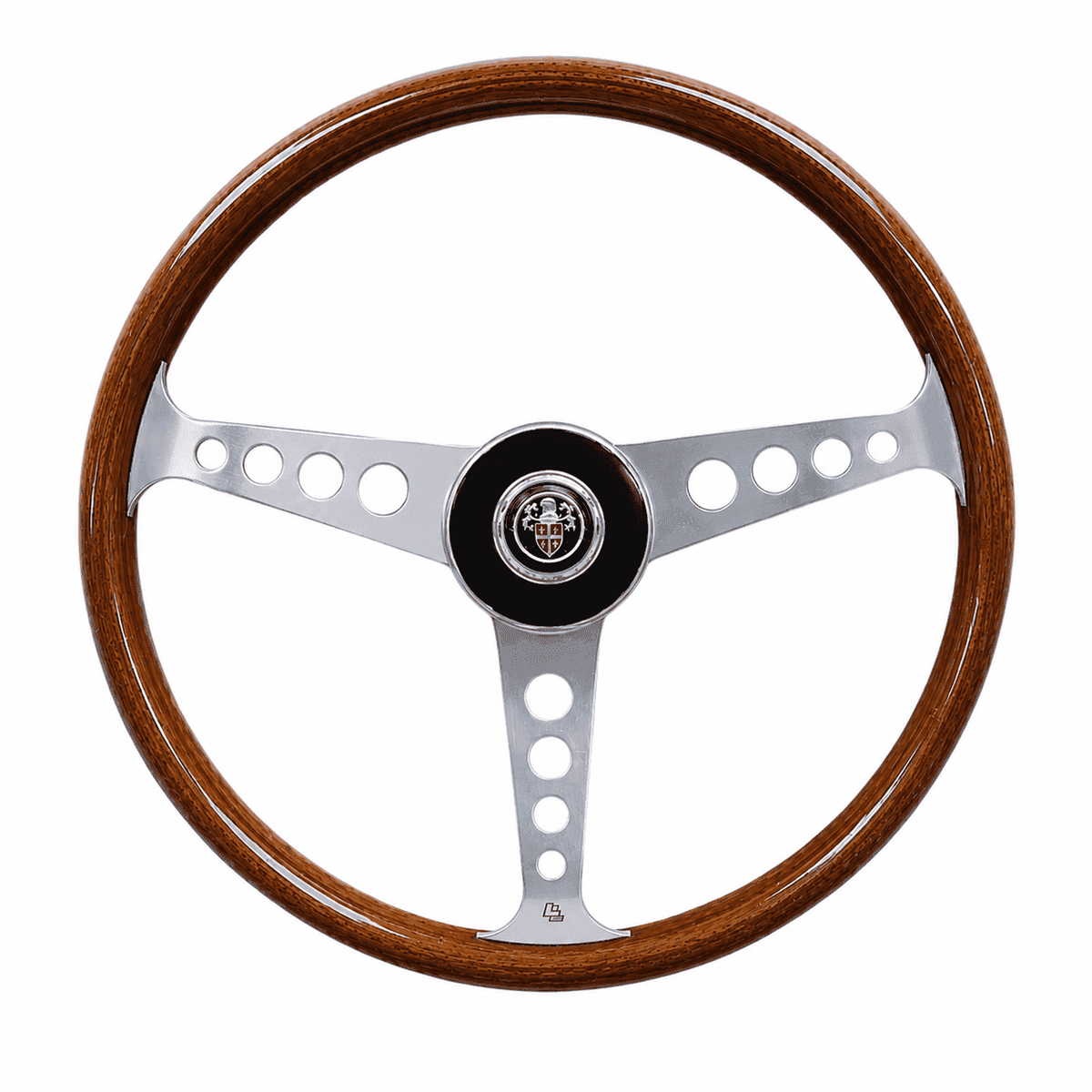 Front view of Les Leston Grand Prix 15 inch wooden steering wheel featuring the iconic three spoke design for classic sports cars and period racing vehicles
