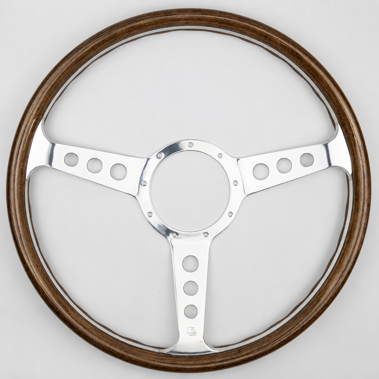 Front view of Les Leston Grand Prix Mk4 dished walnut wooden steering wheel with polished alloy spokes for classic sports cars, GT cars and historic racing vehicles