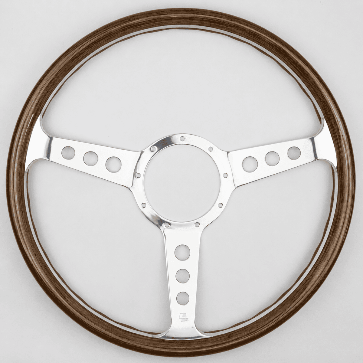 Front view of Les Leston Grand Prix Mk4 dished walnut wooden steering wheel with polished alloy spokes for classic sports cars, GT cars and historic racing vehicles