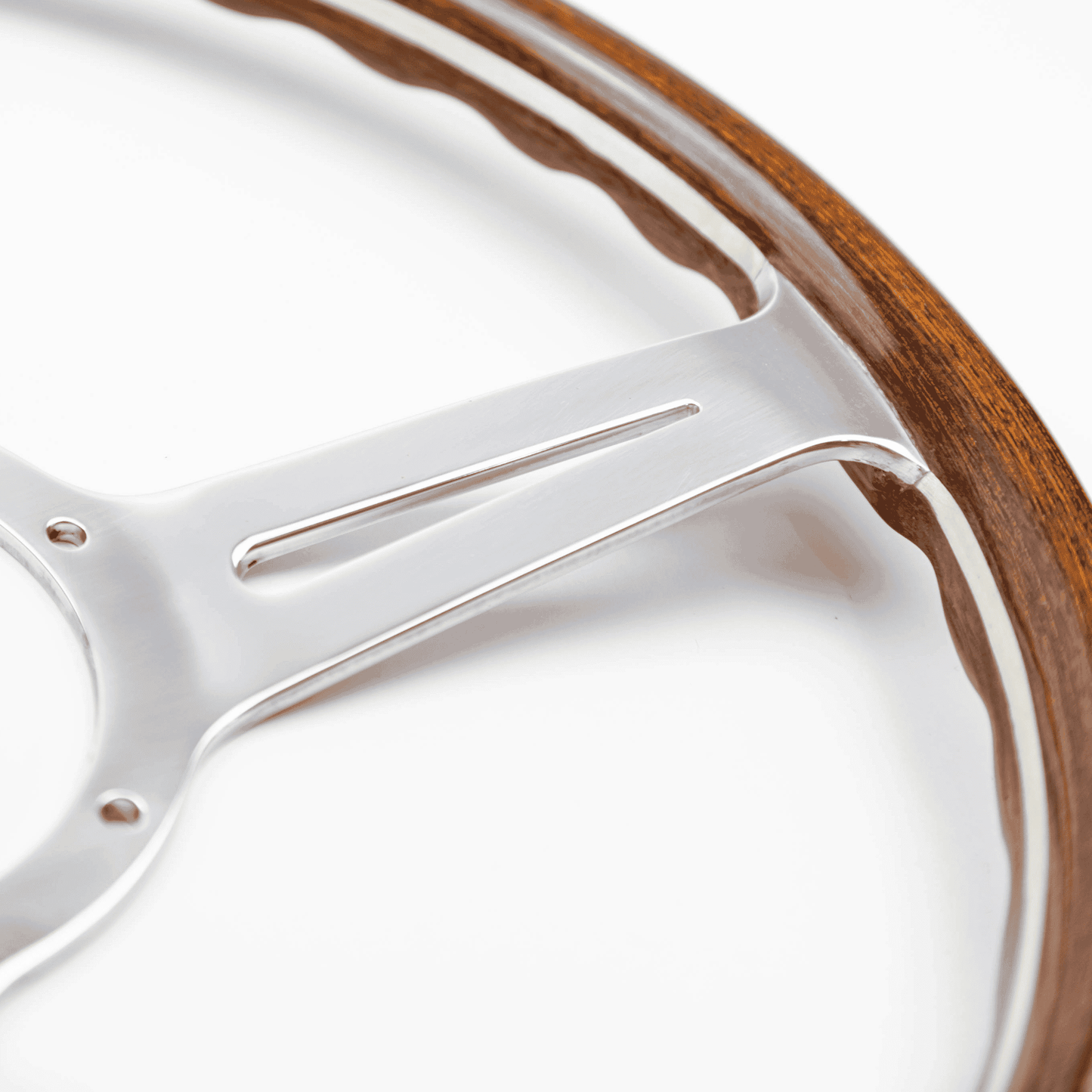 Side profile view of 15-inch Les Leston Monte Carlo steering wheel showing dished slant, rim curvature, and angled frame construction for improved driving ergonomics