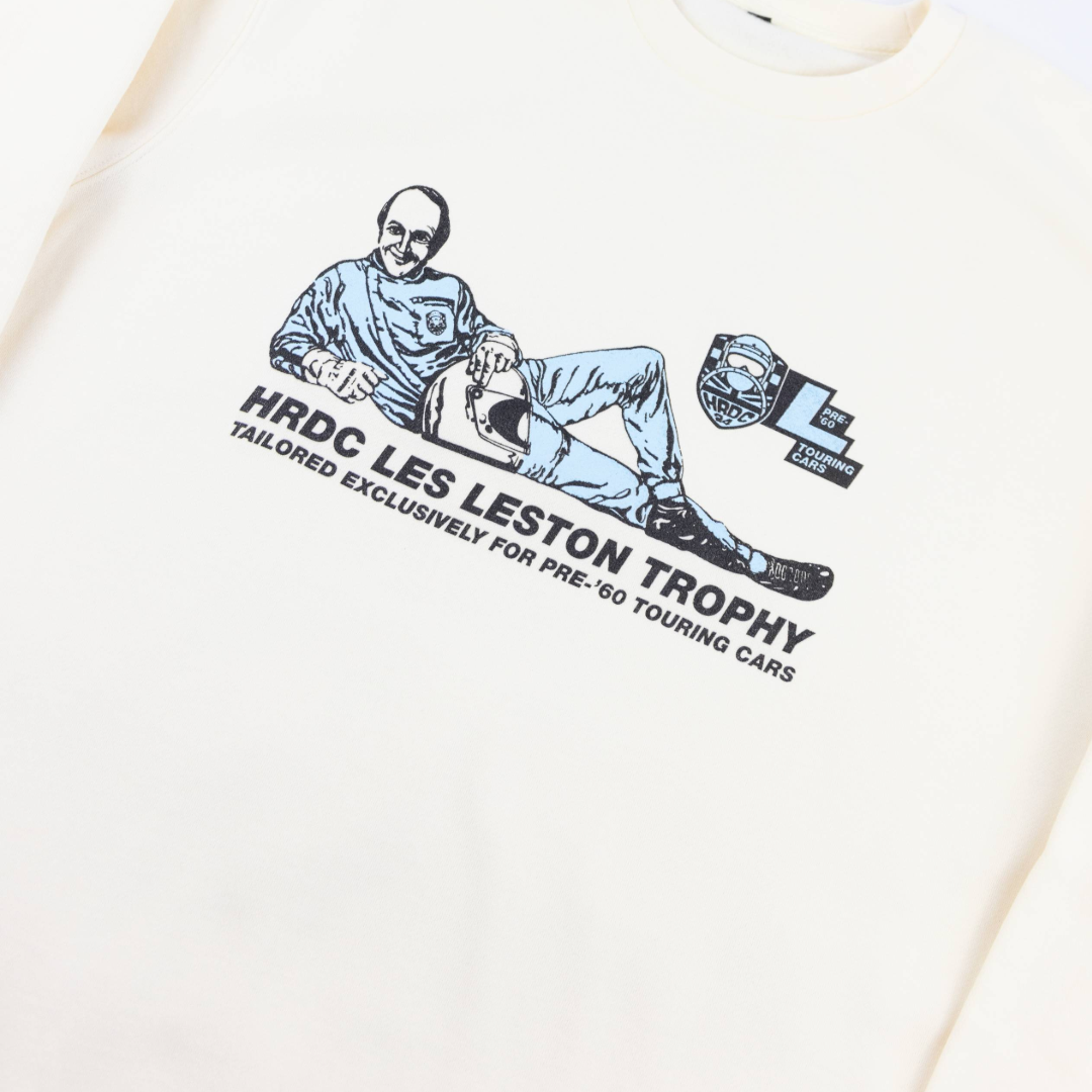 Les Leston Trophy sweatshirt featuring a classic motorsport design celebrating the racing heritage of British racing driver Les Leston