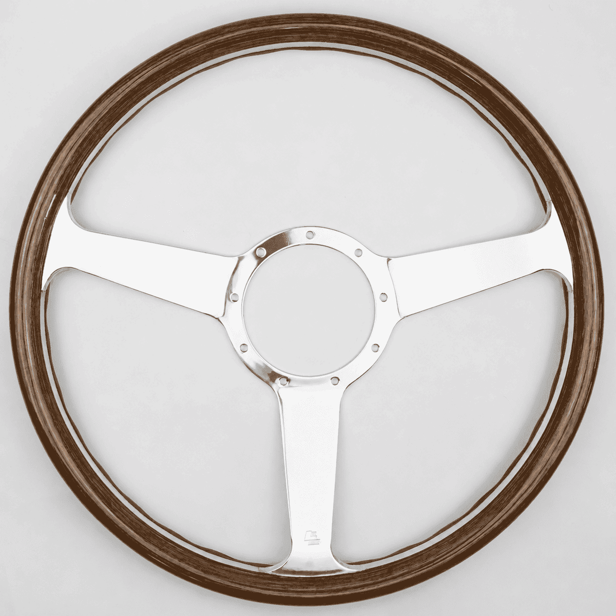 Front view of the Monte Carlo MK6 classic wooden steering wheel with a walnut wood rim, brushed aluminium three-spoke design and 6-bolt mounting pattern.