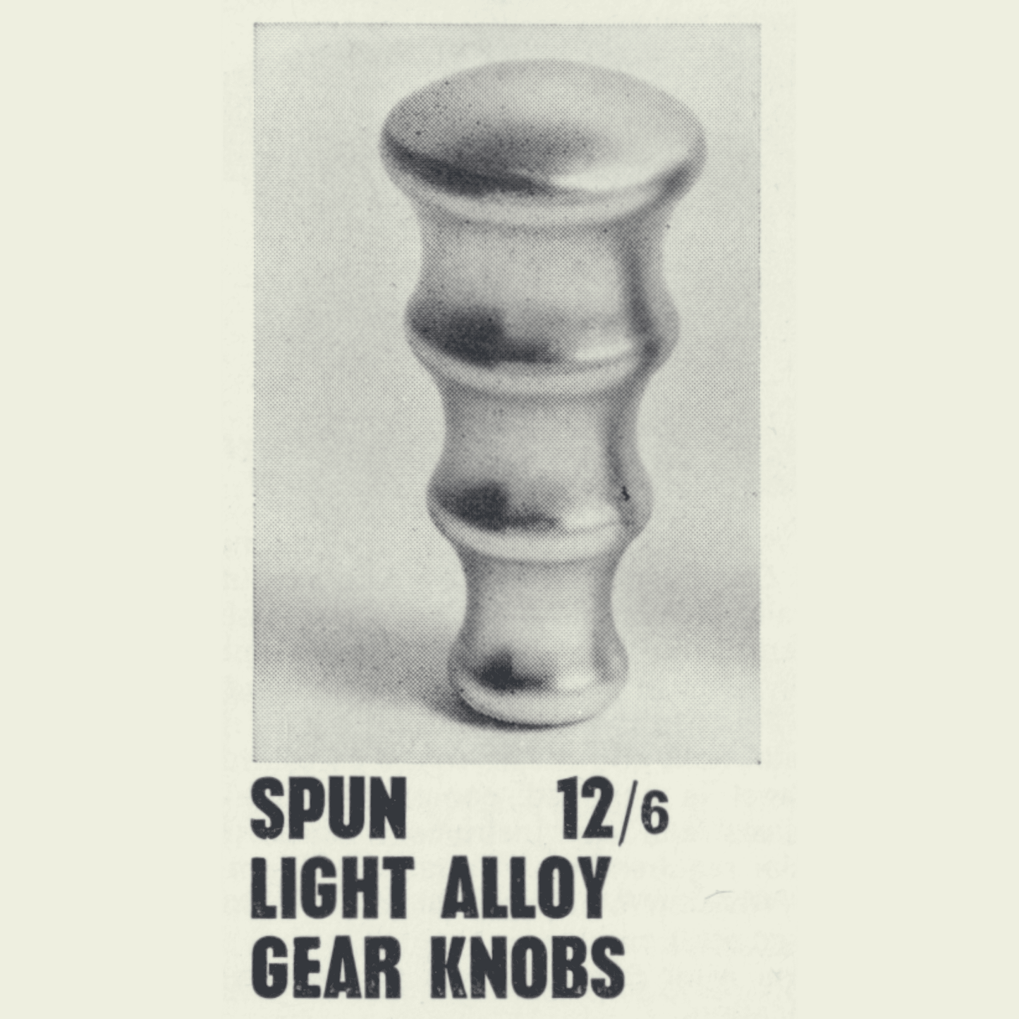 Original Les Leston catalogue illustration showing the original aluminium gear knob that inspired the handcrafted Les Leston Fingertip wooden gear knob continuation design