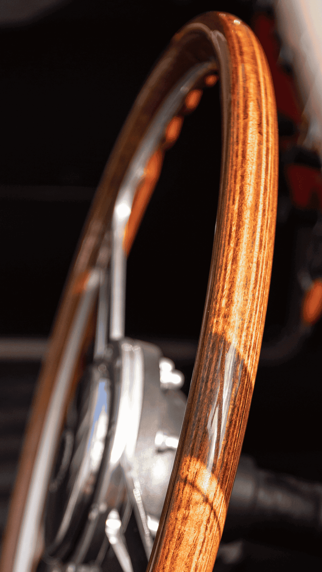 Les Leston Monte Carlo 14-inch flat steering wheel installed in classic car interior showing driving position and dashboard context