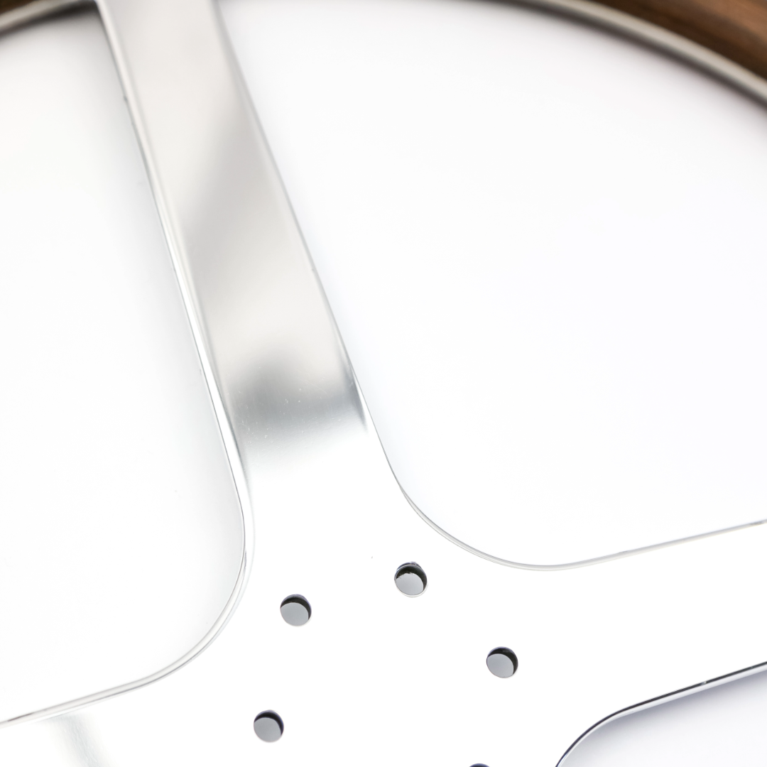 Close up of Rene 4 Spoke mahogany wooden steering wheel showing hand aged patina, Danish oil finish and authentic 1920s period correct craftsmanship