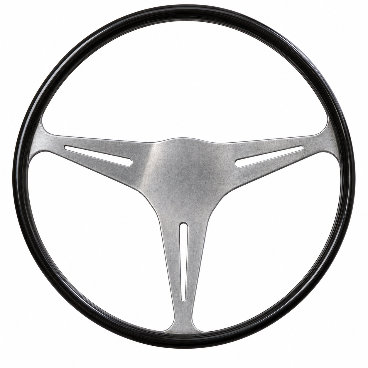 Front view of Les Leston Britalia black stained oak steering wheel combining classic British craftsmanship with Italian inspired styling for classic sports and GT cars