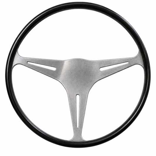 Front view of Les Leston Britalia black stained oak steering wheel combining classic British craftsmanship with Italian inspired styling for classic sports and GT cars