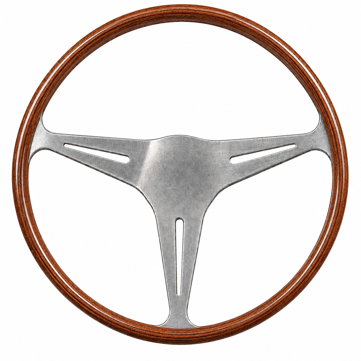 Front view of Les Leston Britalia mahogany wooden steering wheel combining classic British craftsmanship with Italian inspired styling for classic sports and GT cars