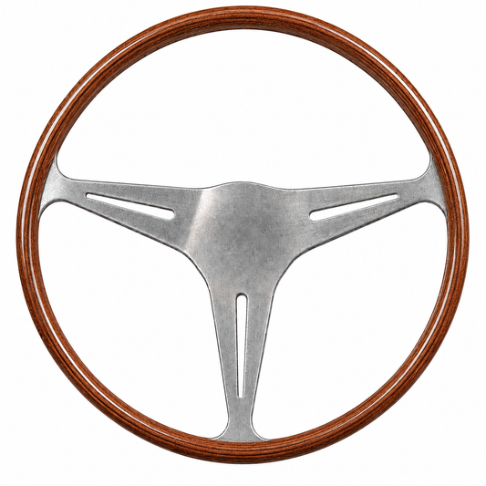 Front view of Les Leston Britalia mahogany wooden steering wheel combining classic British craftsmanship with Italian inspired styling for classic sports and GT cars