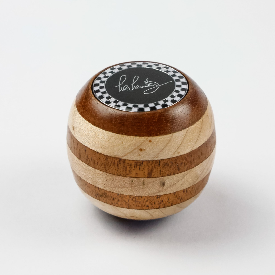 Front view of Les Leston Brooklands wooden gear knob handcrafted in England from alternating beech and mahogany with a striped finish for classic sports cars, GT cars and historic racing vehicles