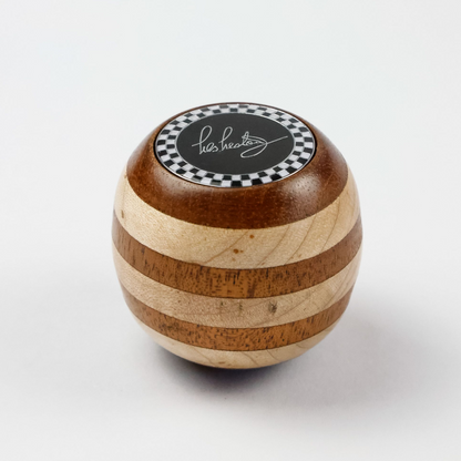 Front view of Les Leston Brooklands wooden gear knob handcrafted in England from alternating beech and mahogany with a striped finish for classic sports cars, GT cars and historic racing vehicles