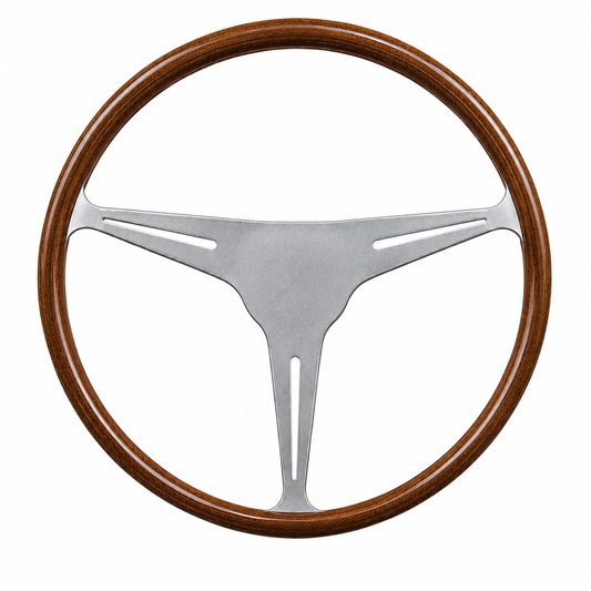 Front view of Les Leston Europa 15 inch mahogany wooden steering wheel with polished alloy spokes for classic sports cars, GT cars and historic racing vehicles