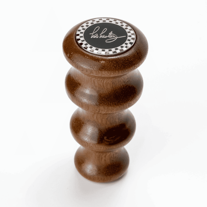 Front view of Les Leston Fingertip wooden gear knob handcrafted in England with sculpted finger grooves inspired by an original Les Leston design for classic sports cars, GT cars and historic racing vehicles