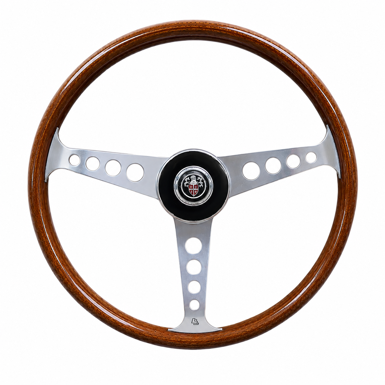 Front view of Les Leston Grand Prix 15 inch wooden steering wheel featuring the iconic three spoke design for classic sports cars and period racing vehicles