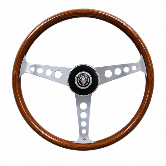 Front view of Les Leston Grand Prix 15 inch wooden steering wheel featuring the iconic three spoke design for classic sports cars and period racing vehicles