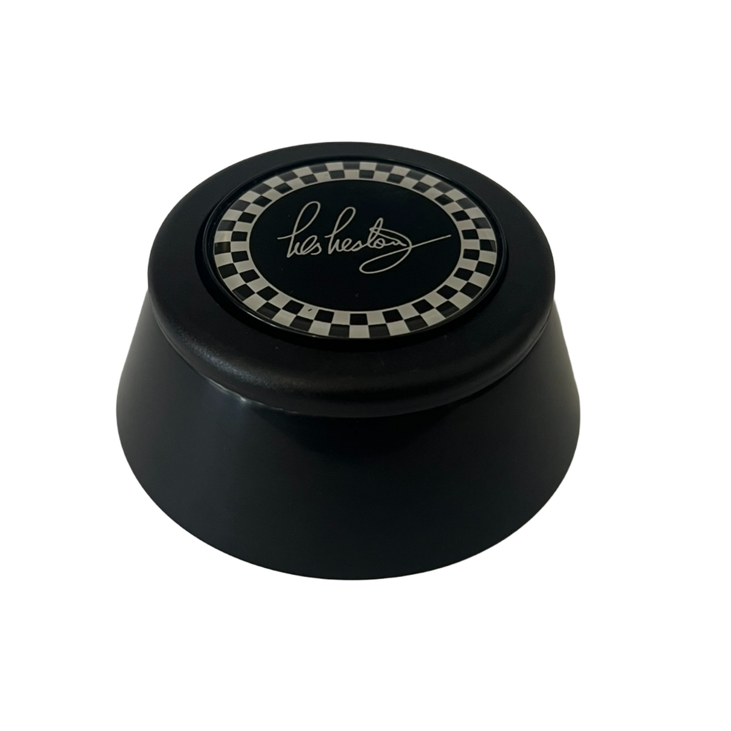 Front view of Les Leston Grand Prix horn button and housing reproduced from the original design for classic steering wheel restoration