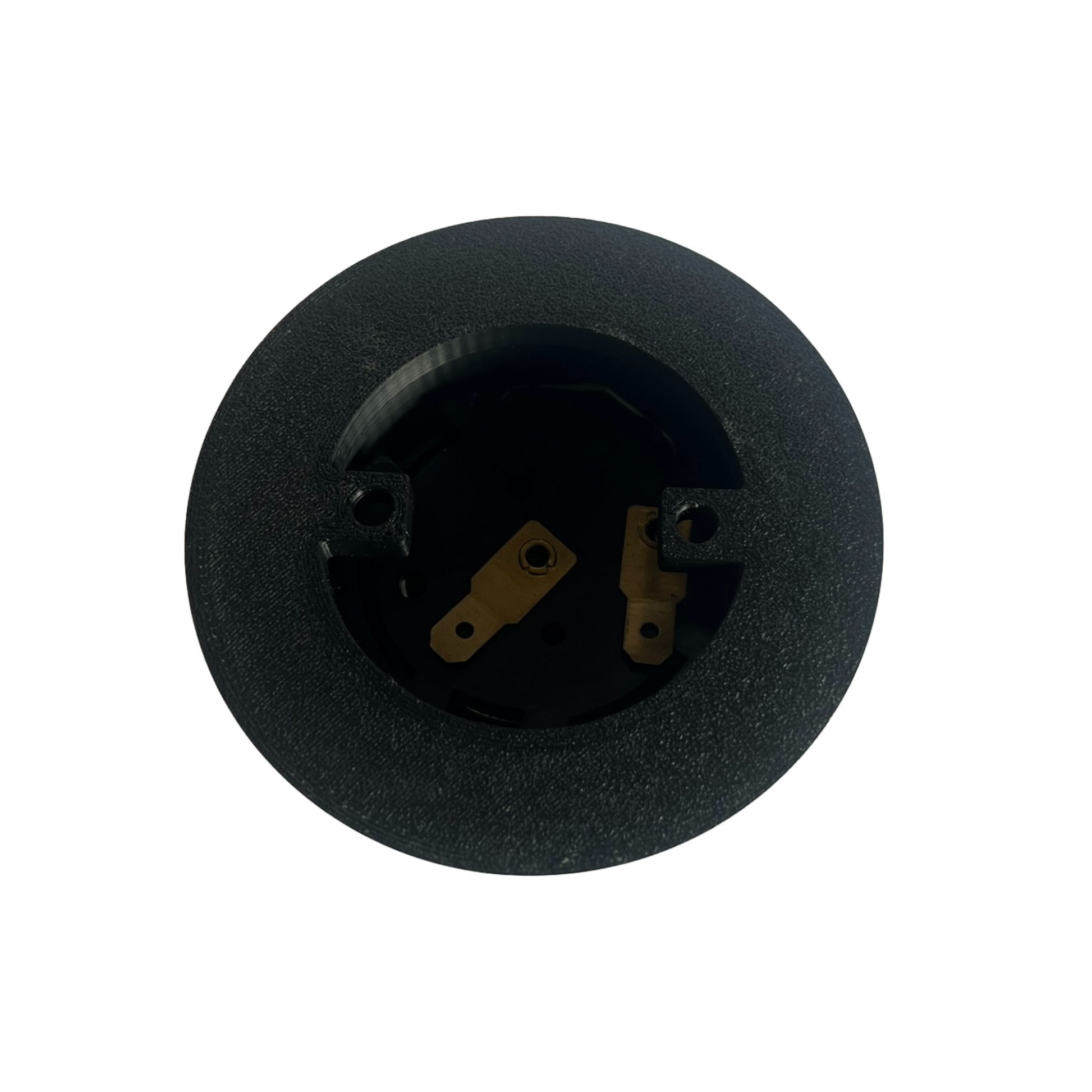 Rear view of Les Leston Grand Prix horn button and housing showing mounting detail for classic steering wheel fitment