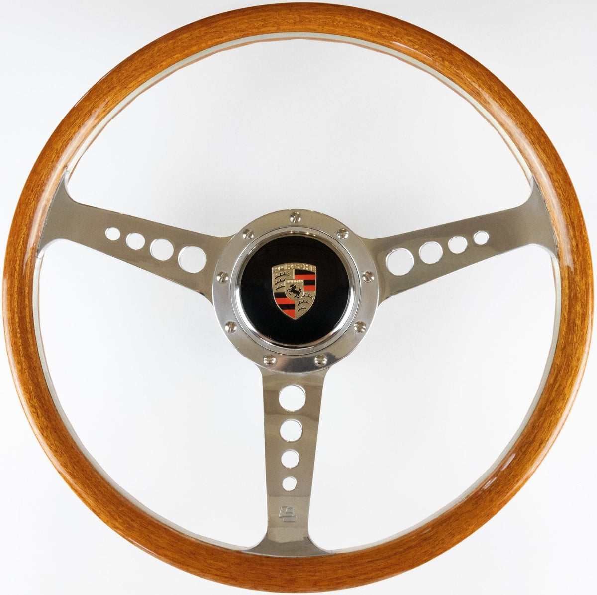Front angle view of Les Leston Grand Prix Mk5 wooden steering wheel fitted with Porsche horn button and boss for Porsche 356
