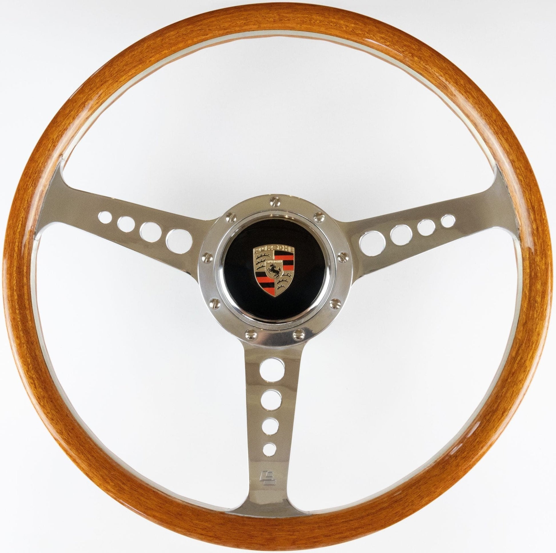 Front angle view of Les Leston Grand Prix Mk5 wooden steering wheel fitted with Porsche horn button and boss for Porsche 356