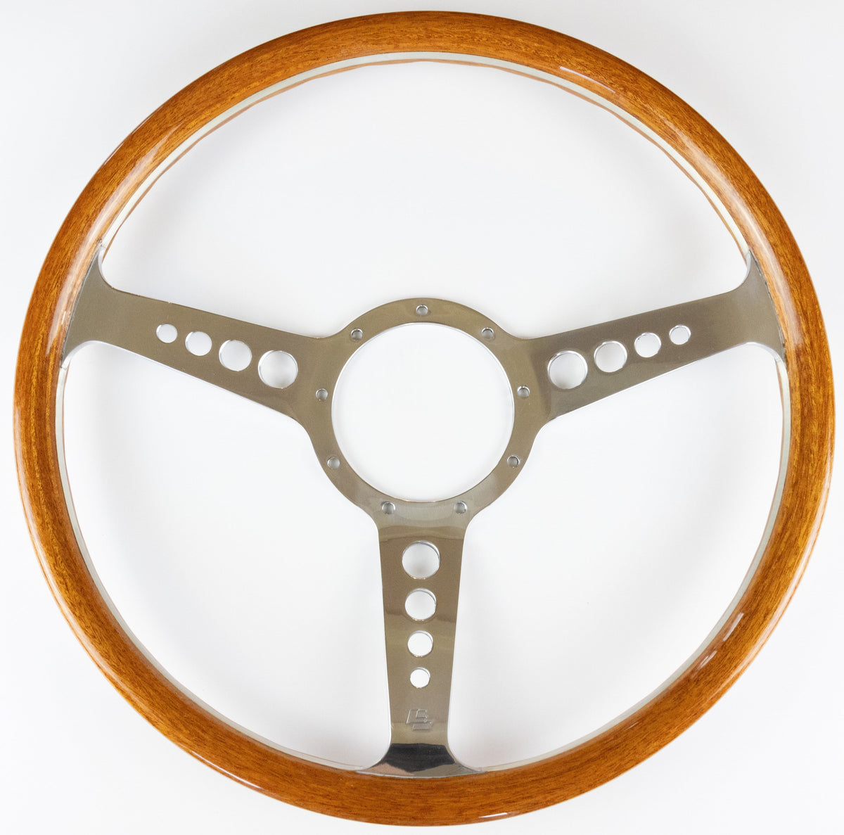 Front angle view of Les Leston Grand Prix Mk5 wooden steering wheel with polished alloy spokes and classic period-correct design for vintage sports cars