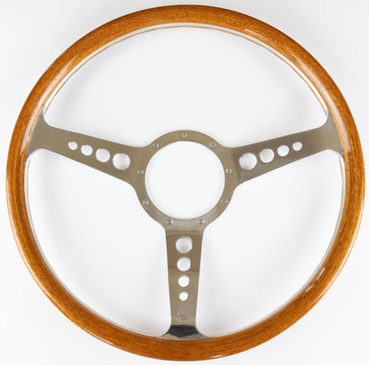 Front angle view of Les Leston Grand Prix Mk5 wooden steering wheel with polished alloy spokes and classic period-correct design for vintage sports cars