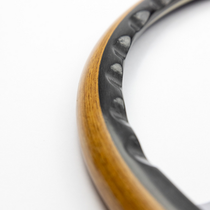 15 inch Les Leston Monte Carlo wooden steering wheel with polished alloy spokes and black oak and teak rim for classic sports and GT cars