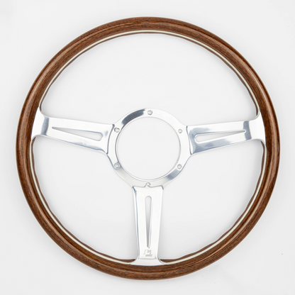 Front angled view of 15-inch Les Leston Monte Carlo mahogany steering wheel with dished design and polished metal spokes fitted for AC Ace