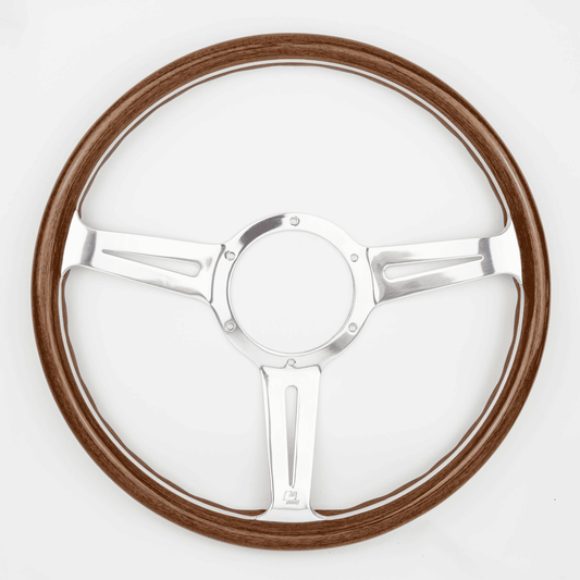 Front angled view of 15-inch Les Leston Monte Carlo mahogany steering wheel with dished design and polished metal spokes fitted for AC Ace