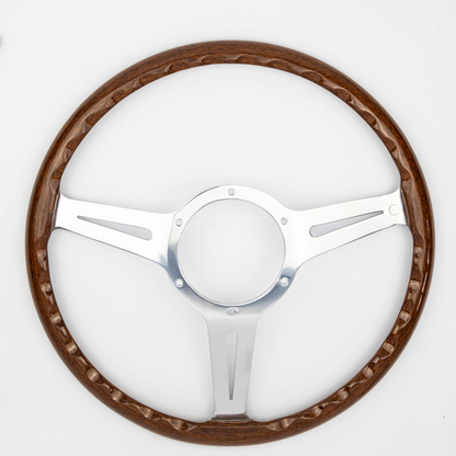Rear view of 15-inch Les Leston Monte Carlo mahogany steering wheel showing spoke mounting points and construction detail for AC Ace fitment