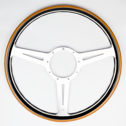 Front view of Les Leston Monte Carlo 15 inch wooden steering wheel handcrafted in England from contrasting black oak and teak