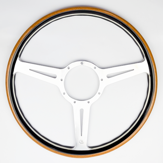 Front view of Les Leston Monte Carlo 15 inch wooden steering wheel handcrafted in England from contrasting black oak and teak