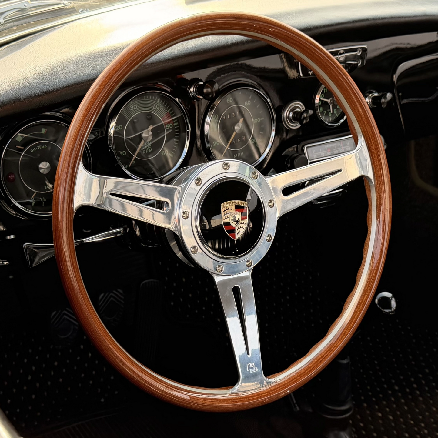 Les Leston Monte Carlo dished steering wheel with Porsche horn button fitted in a classic Porsche 356 interior
