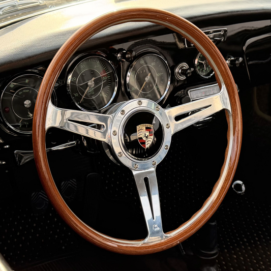 Les Leston Monte Carlo dished steering wheel with Porsche horn button fitted in a classic Porsche 356 interior