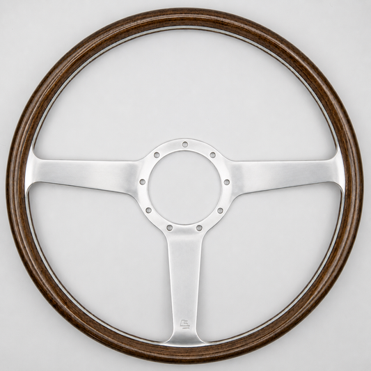 Front view of 15-inch Les Leston Monte Carlo Mk5 wooden steering wheel with deep dished profile, solid polished alloy spokes and period-correct design for classic sports and racing cars. 3 and 9 o'clock spokes