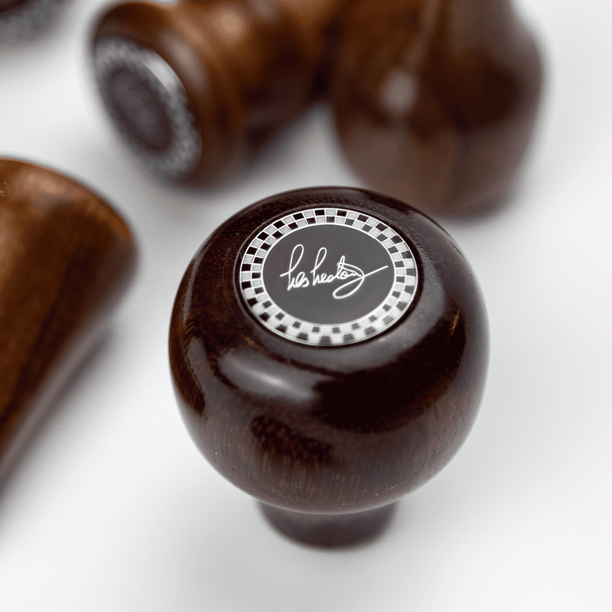 Front view of Les Leston Purple Patch wooden gear knob handcrafted in England from solid Purpleheart wood for classic sports cars, GT cars and historic racing vehicles