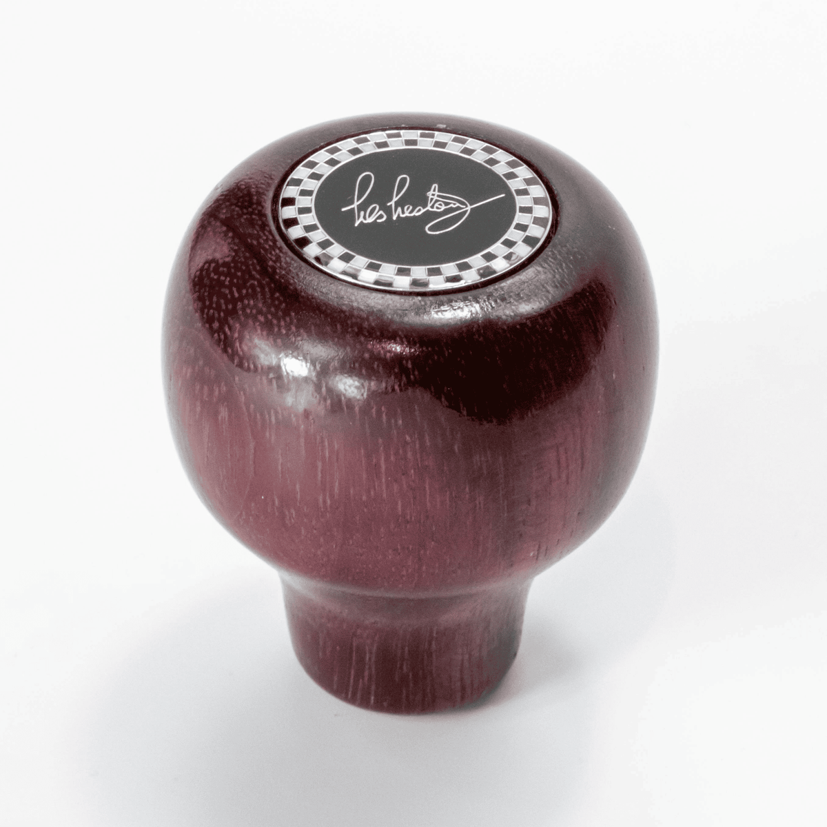 Close up of Les Leston Purple Patch wooden gear knob showing the natural Purpleheart wood grain and handcrafted finish for classic sports cars, GT cars and historic racing vehicles