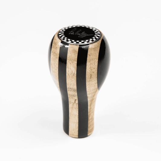 Front view of Les Leston Slipstream wooden gear knob handcrafted in England from alternating maple and ebony with a distinctive striped finish for classic sports cars, GT cars and historic racing vehicles