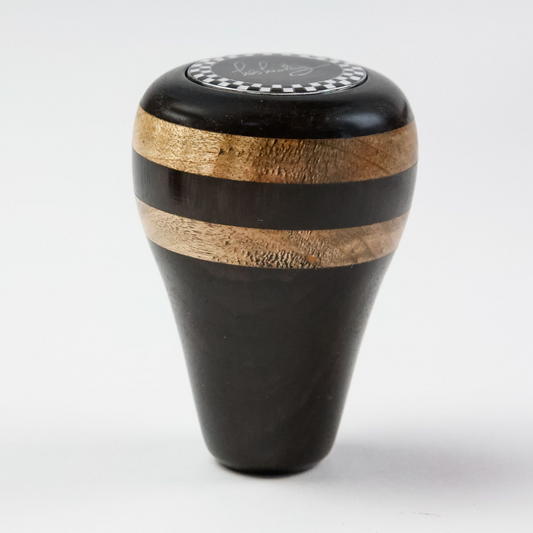 Front view of Les Leston wooden gear knob handcrafted in England from striped ebony and beech wood for classic sports cars, GT cars and historic racing vehicles