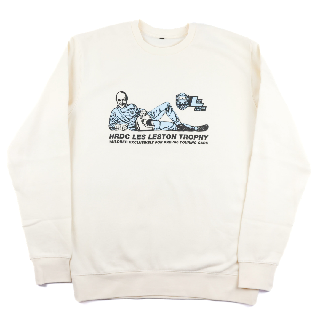Close up of Les Leston Trophy sweatshirt showing the classic racing graphic inspired by Les Leston’s British motorsport heritage
