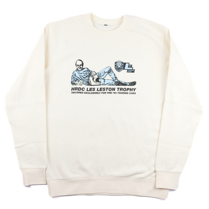 Close up of Les Leston Trophy sweatshirt showing the classic racing graphic inspired by Les Leston’s British motorsport heritage
