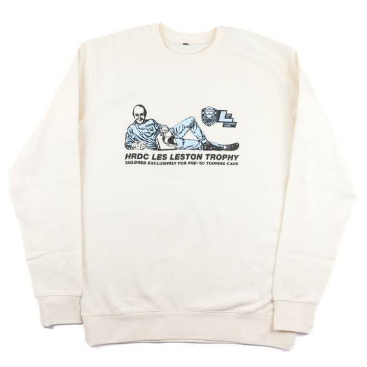 Close up of Les Leston Trophy sweatshirt showing the classic racing graphic inspired by Les Leston’s British motorsport heritage