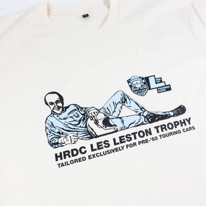 White Les Leston Trophy T Shirt featuring a classic motorsport design celebrating the racing heritage of British racing driver Les Leston