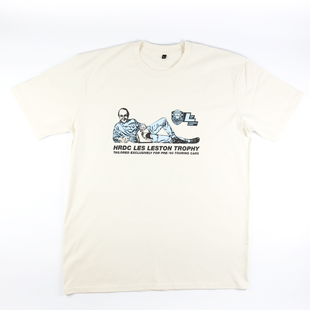 Close up of white Les Leston Trophy T Shirt showing the classic motorsport graphic celebrating Les Leston’s British racing and motorsport heritage