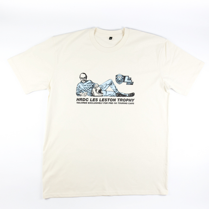 Close up of white Les Leston Trophy T Shirt showing the classic motorsport graphic celebrating Les Leston’s British racing and motorsport heritage