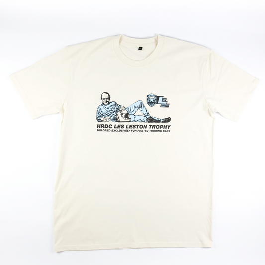 Close up of white Les Leston Trophy T Shirt showing the classic motorsport graphic celebrating Les Leston’s British racing and motorsport heritage