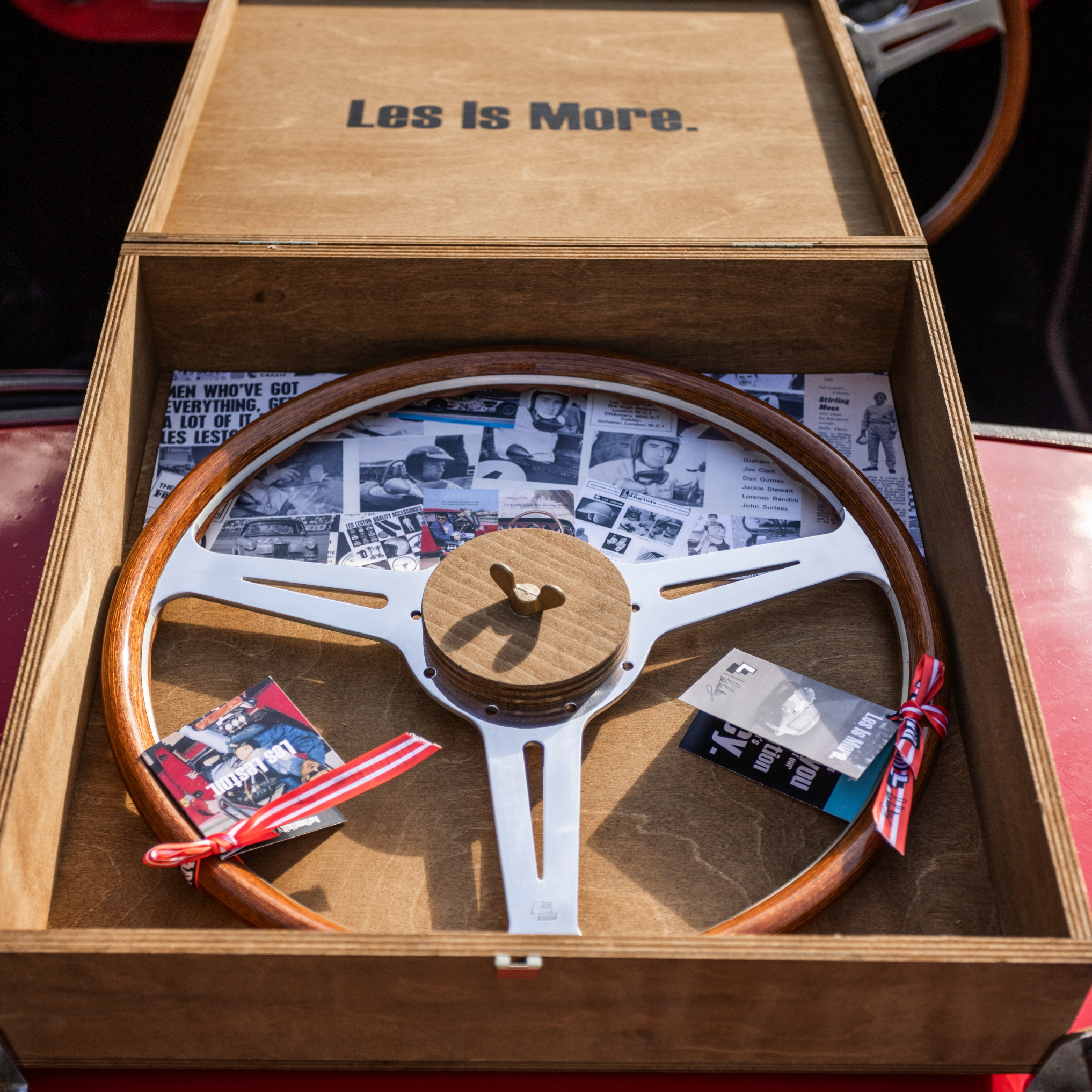 Les Leston wooden steering wheel presented in its premium presentation box ready for delivery, handmade in England for classic sports and racing cars