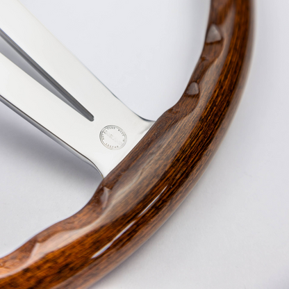 Close-up of “Made in England” stamp on Les Leston Monte Carlo steering wheel indicating authentic UK handcrafted manufacture and period-correct production marking