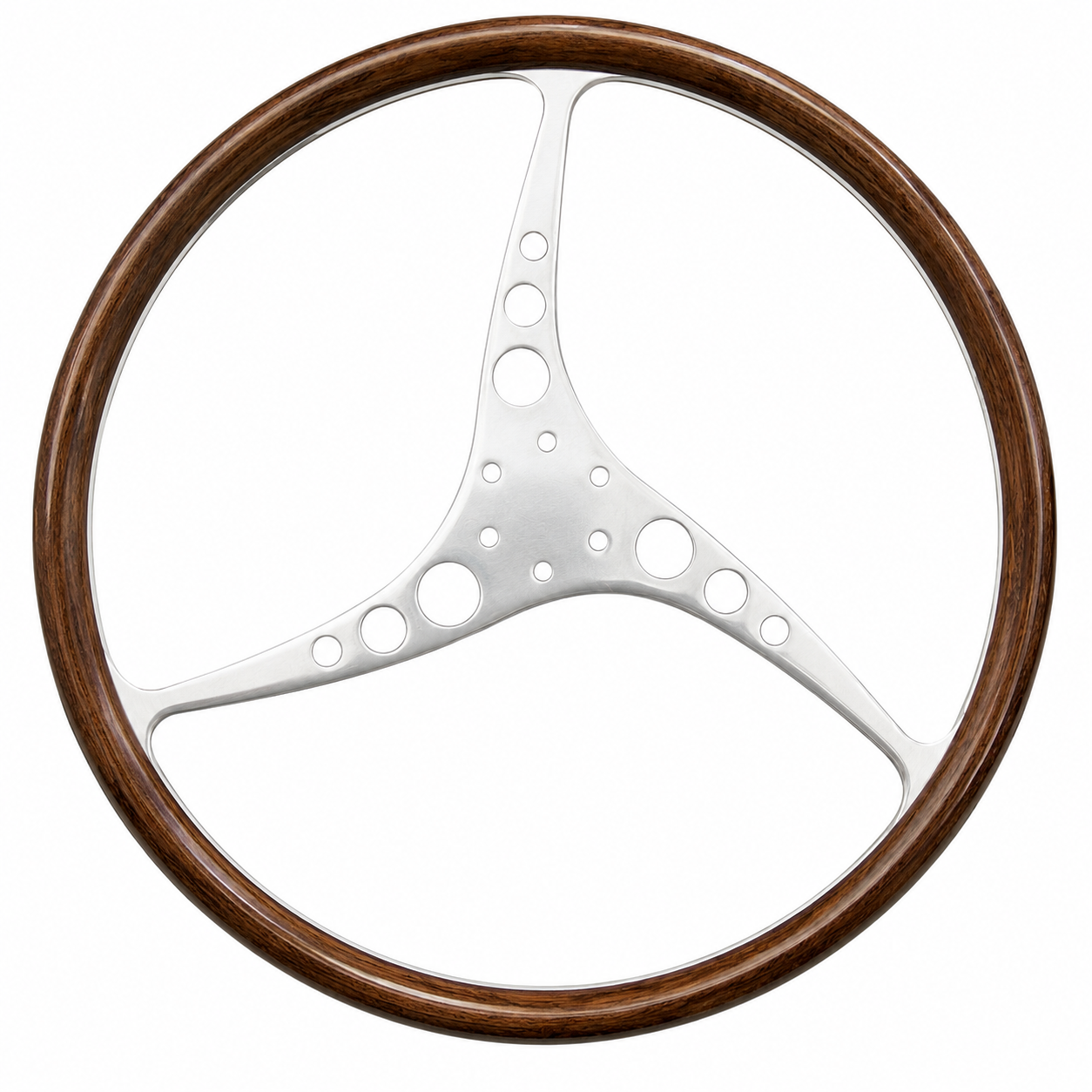 Front view of Morgan M3W Ghost wooden steering wheel featuring a period correct three spoke design for the Morgan Three Wheeler with handcrafted wood rim and polished alloy spokes